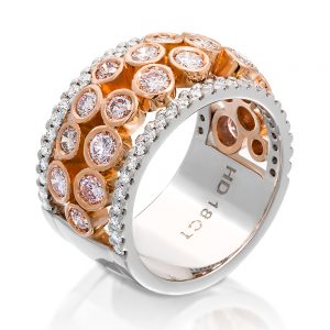 Modern Style Wide Ring of Channel Set Pink Diamonds with Rows of White Diamonds