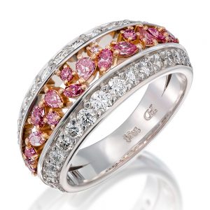 Pink Diamond Ring with Graduating Pink Pear Cut Diamonds and Rows of White Diamonds