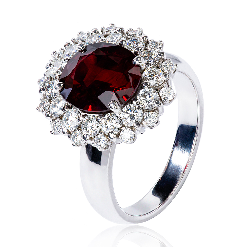 4 carat ruby & double diamond cluster ring