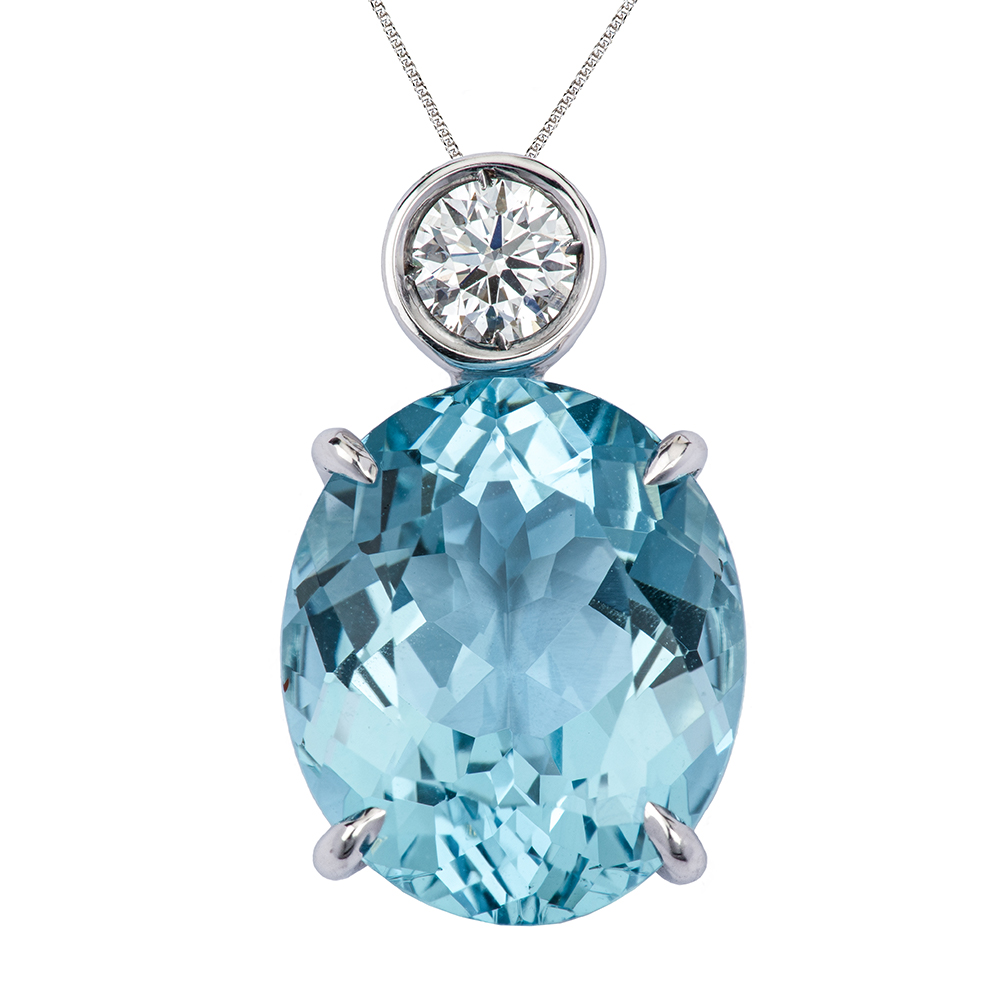 Oval Aquamarine & Swiss Set Diamond Pendant