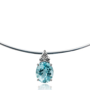 Oval Aquamarine Pendant Balanced by Three Round White Diamonds