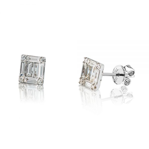 Modern Baguette and Round Diamond Stud Earrings