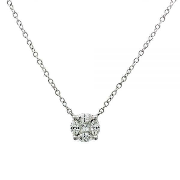 18k White Gold 5 Stone Princess and Marquise Cut Diamond Cluster Pendant