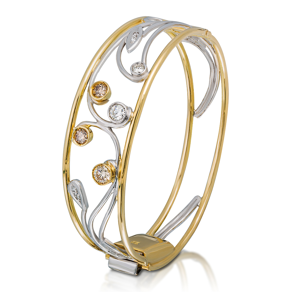 290518 Vine Style Cuff Bangle with White and Champagne Diamonds standing