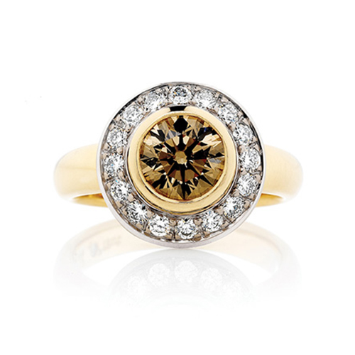 040217 Round Champagne Halo Ring top 500w Round Champagne diamond and Halo of white diamond Ring