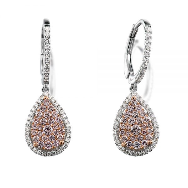 18K White Gold Drop Style Earrings with Pink and White Diamonds