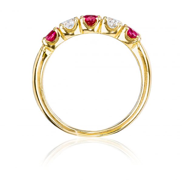 Ruby and Diamond alternating 5 stone yellow gold ring standing