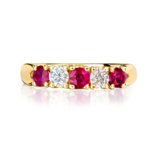 Ruby and Diamond alternating 5 stone yellow gold ring