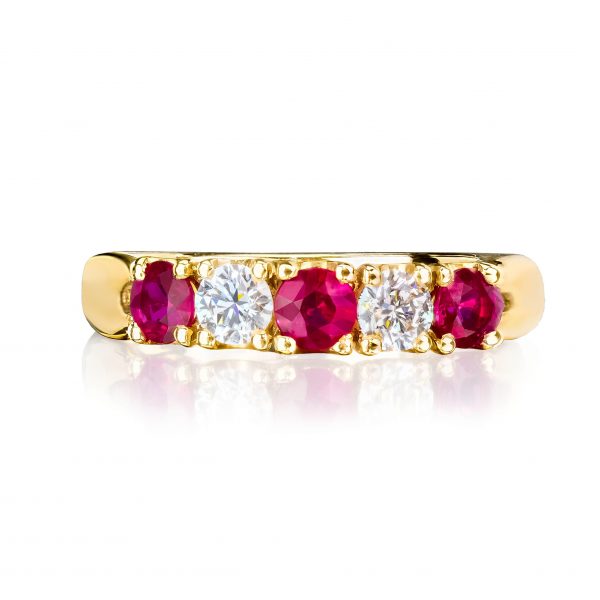 Ruby and Diamond alternating 5 stone yellow gold ring