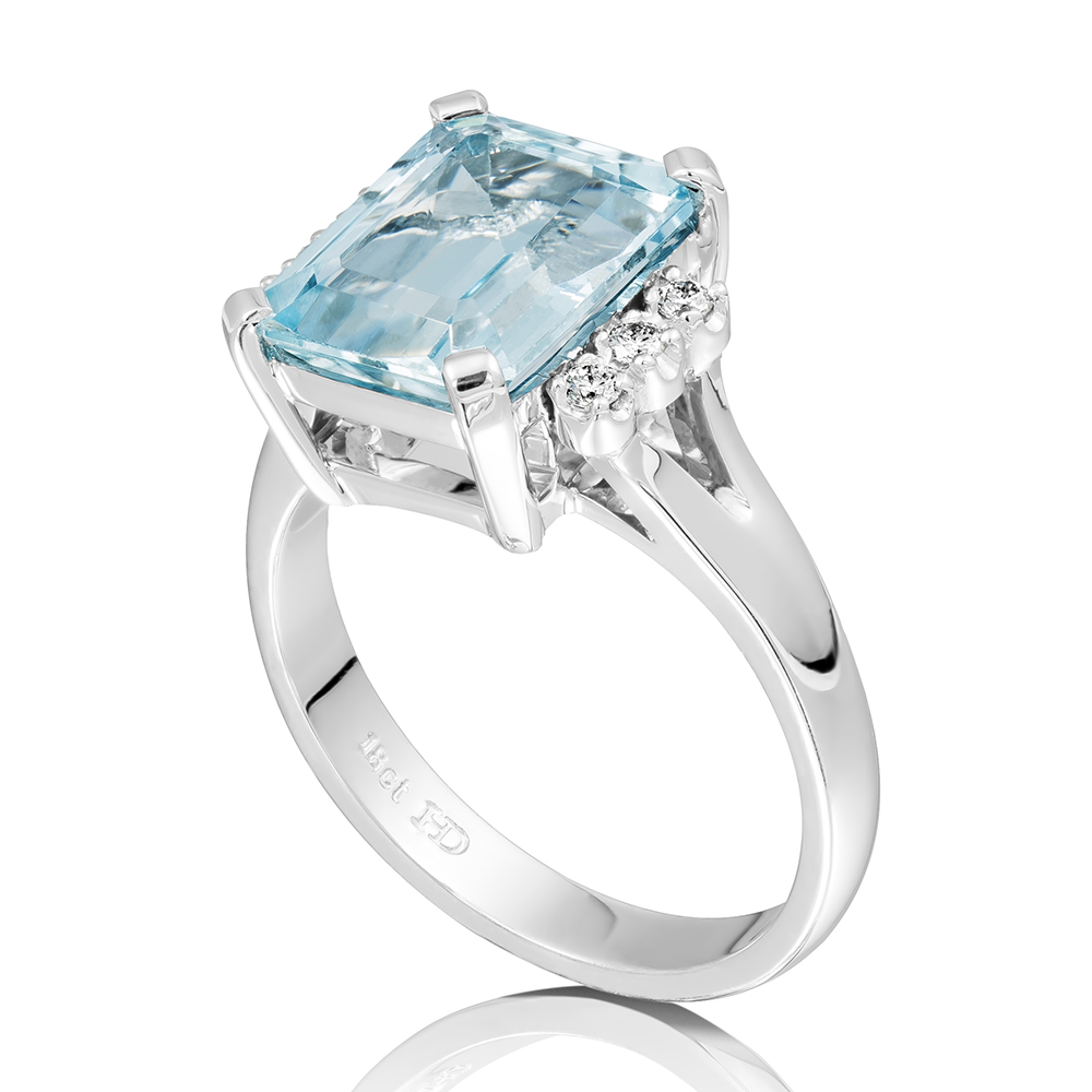 Emerald Cut Aquamarine & Diamond Ring