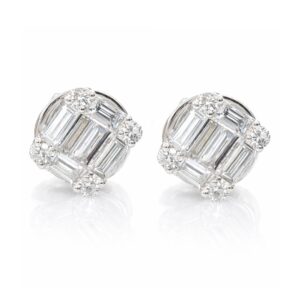 Baguette & Round Diamond Stud Earrings in White Gold