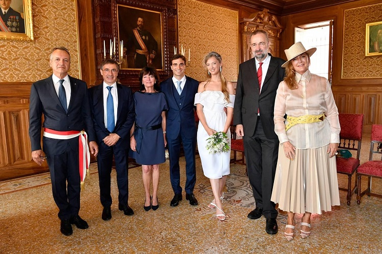 (Left to Right) Mayor of Monaco, Georges Marsan, Henri D’Ambrosio, Giselle D’Ambrosio, Jerome D’Ambrosio, Eleonore von Habsburg, Karl of Habsburg and Francesca Thyssen-Bornemisza at Archduchess of Austria Eleonore and Jérôme d’Ambrosio’s royal Wedding