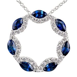 18k white gold baguette and round brilliant cut sapphires pendant close