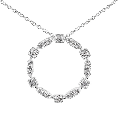 18 karat white gold grain set fancy shaped circle diamond pendant