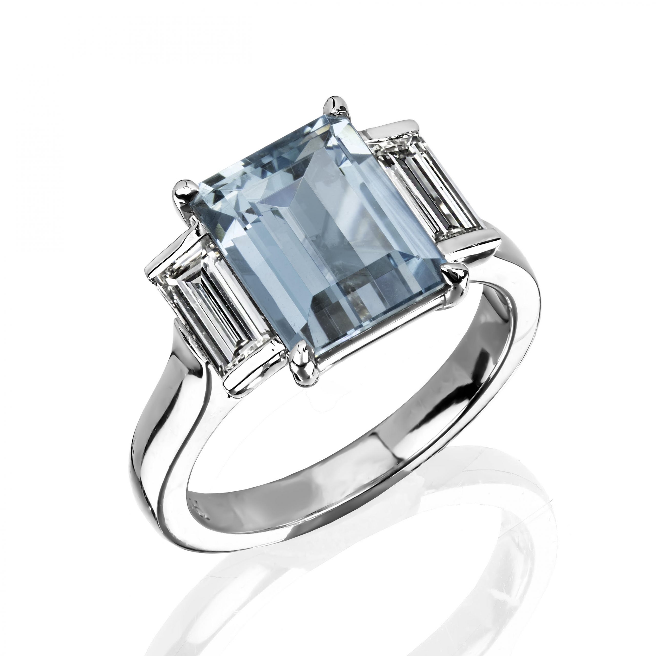 Emerald cut Aquamarine & diamond 3 across ring