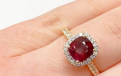 Cushion cut Ruby with halo ring