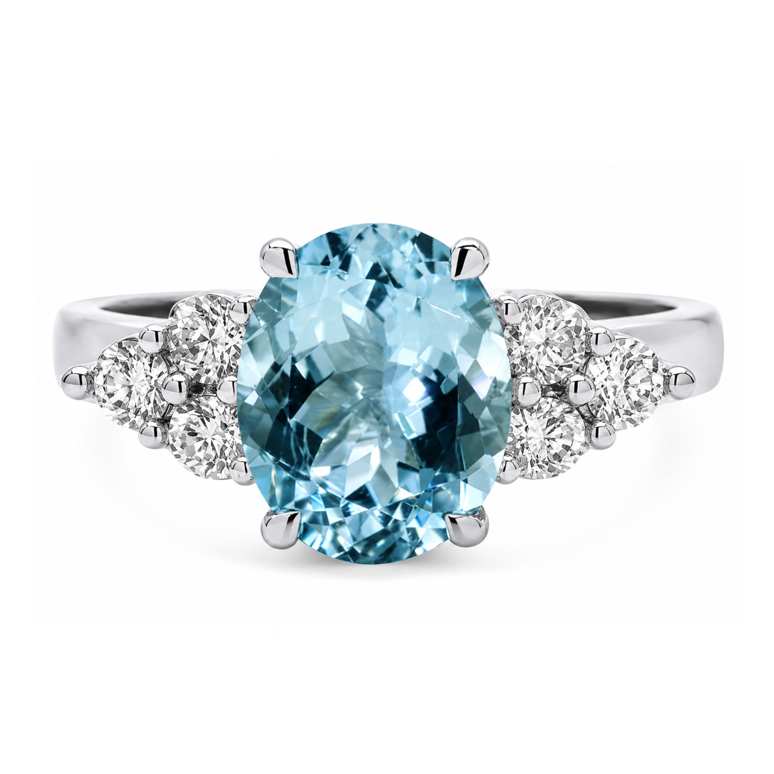 Oval Cut Aquamarine Ring with 6 Round Diamonds