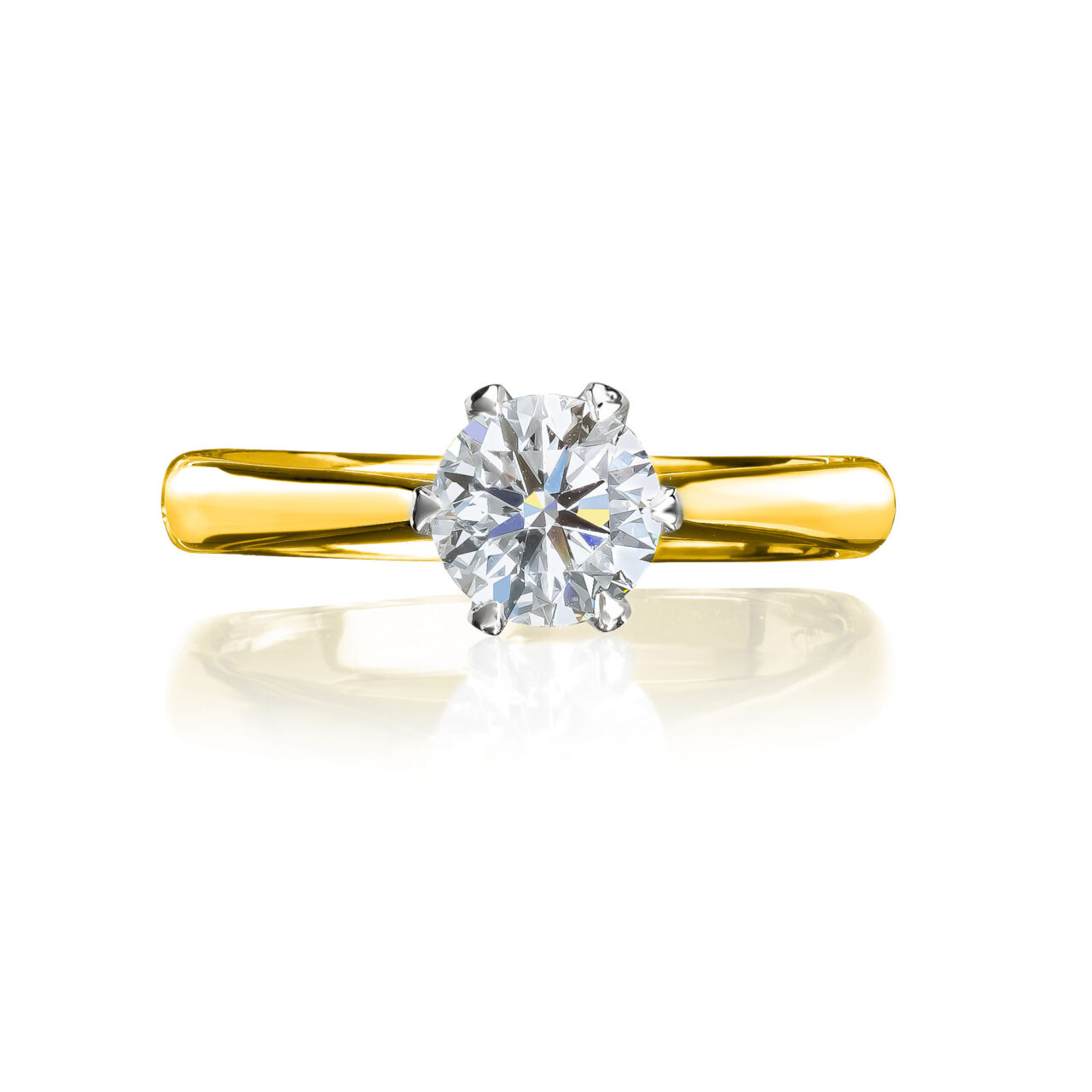 Brilliant Cut Solitaire 6 Claw Diamond Ring - Yellow Gold