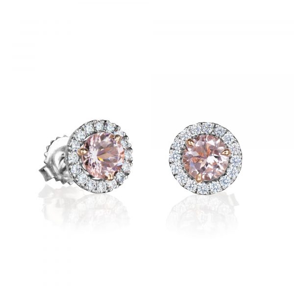 Morganite studs with damond halos, set in 18 karat white gold