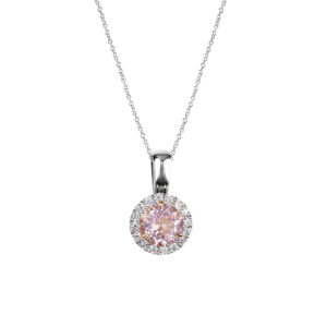 Morganite stone surrounded by a halo of round brilliant cut diamonds, set in a pendant