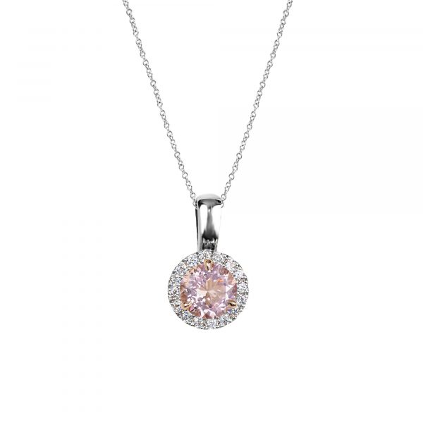 Morganite stone surrounded by a halo of round brilliant cut diamonds, set in a pendant