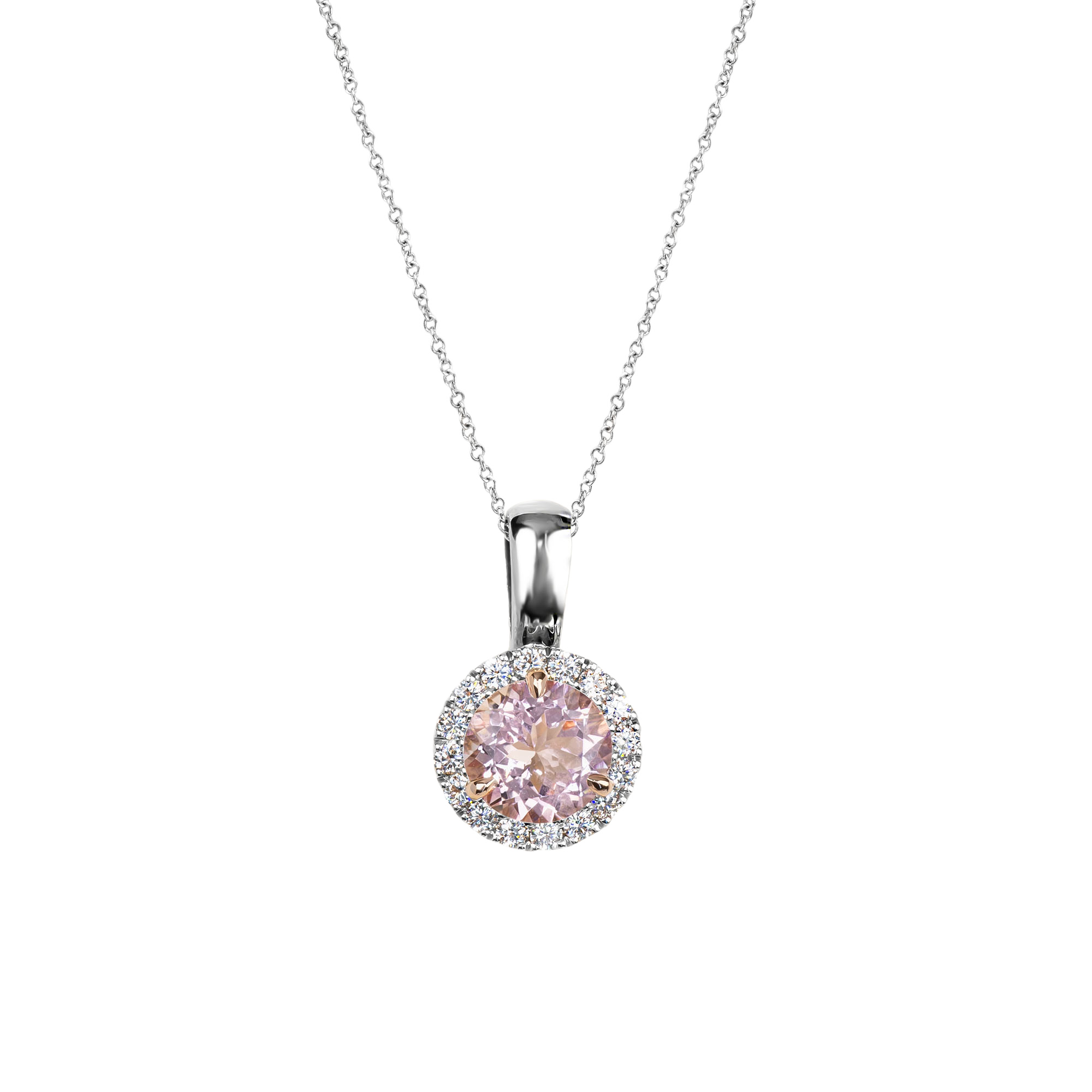 Morganite and diamond halo pendant