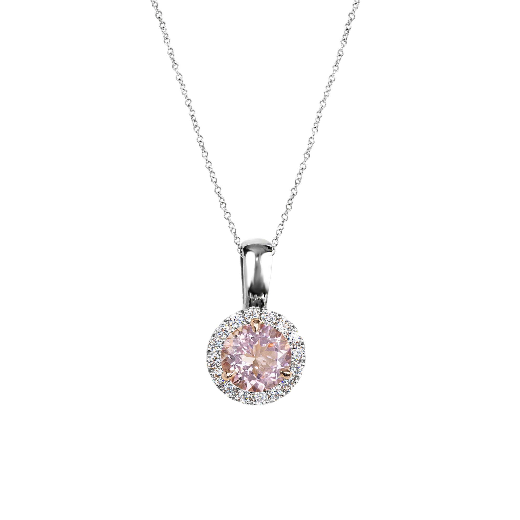 090679 Morganite and diamond halo pendant