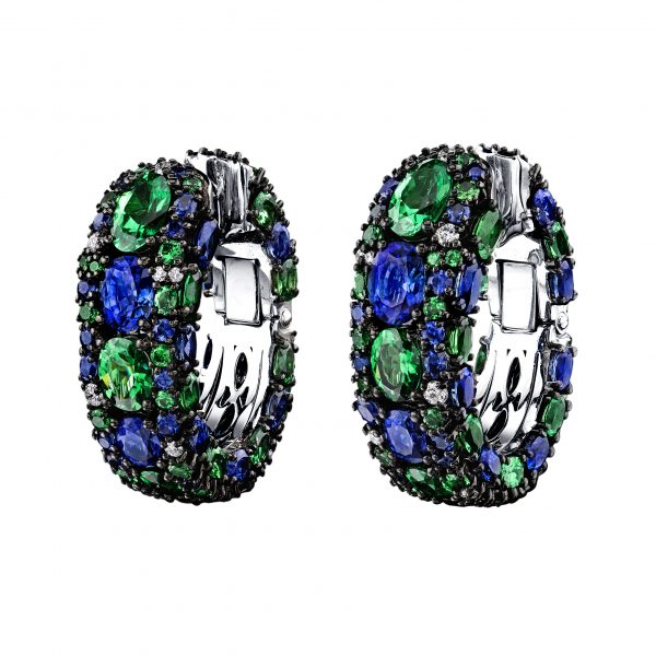 Robert Procop American Glamour clutch earrings in Blue sapphire and tsavorite
