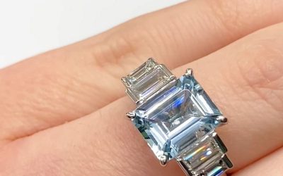 Emerald cut aquamarine ring & 4 baguette diamonds
