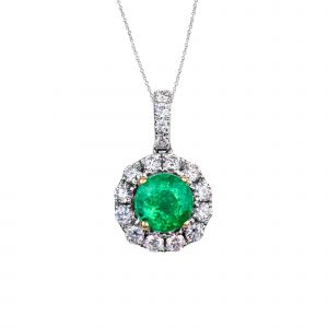 emerald and diamond pendant in 14 karat white gold with claws in 18 karat yellow gold,