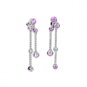 pink sapphire and diamond drop earrings in 18 karat white gold, comprising five round pink sapphire