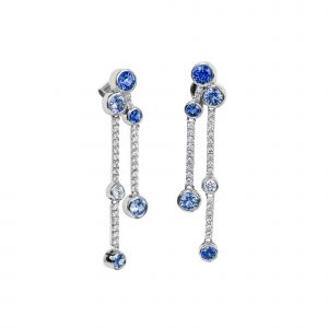 sapphire and diamond drop earrings in 18 karat white gold, comprising five round blue sapphire