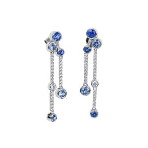 sapphire and diamond drop earrings in 18 karat white gold, comprising five round blue sapphire