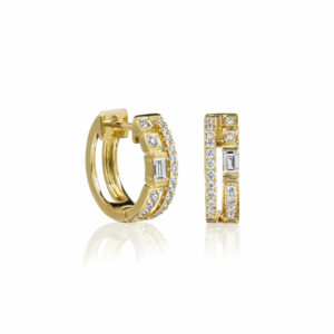 yellow gold hoop earrings with round diamonds and baguettes