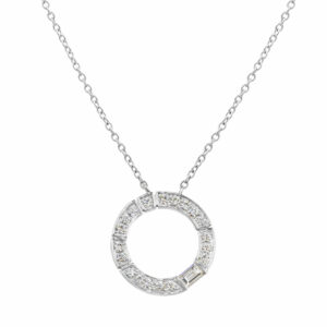 White gold round pendant with baguettes and round diamonds