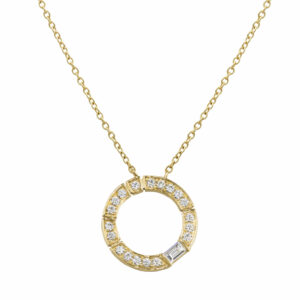 18karat yellow gold round pendant with round and baguette diamonds