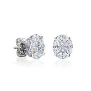 One pair of diamond stud earrings in 18 karat white gold, each earring comprising two princess cut and four marquise cut diamonds, F-H, VS-SI. Total diamond weight 1.00ct, to post and butterfly fittings. Stamped 750 Total Weight: 2.4 grams