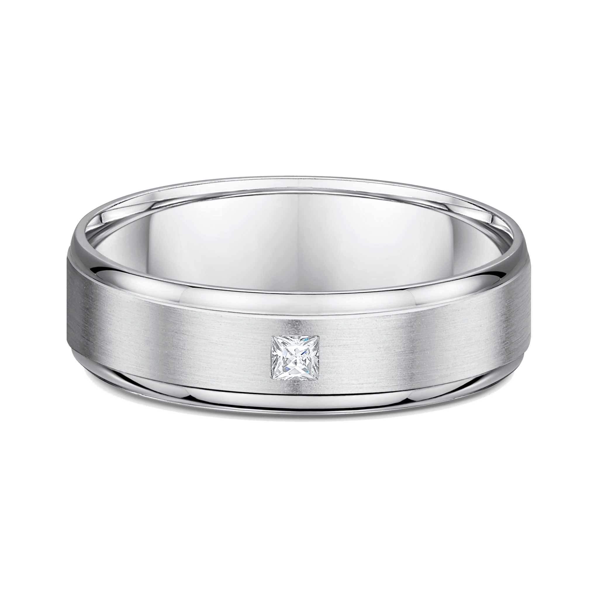 Mens white gold wedding band with princess cut diamond