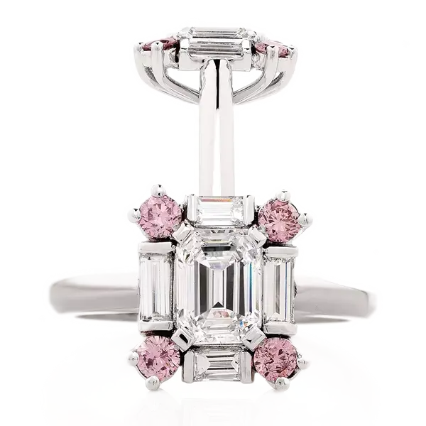 050455-Emerald-Cut-and-Pink-Diamond-Ring-side-Compressed Emerald cut diamonds are special and faceted in a way that makes them look very distinct.