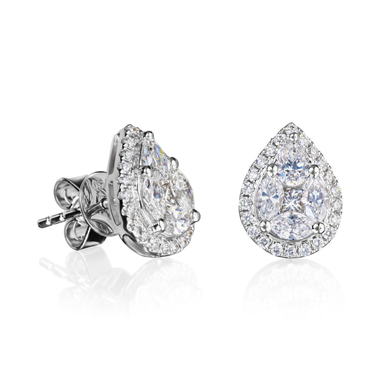 Pear Shaped Marquise & Round Diamond Cluster Stud Earrings