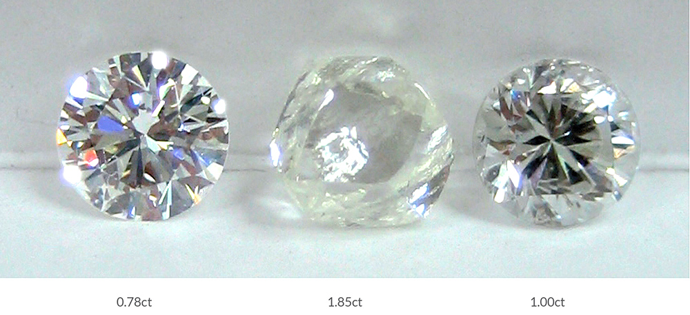 Diamond cutters make more money cutting this rough diamond into a dull drab 1.00 carat stone. It could be polished into a sparkly 78 pointer that looks bigger and costs you less.