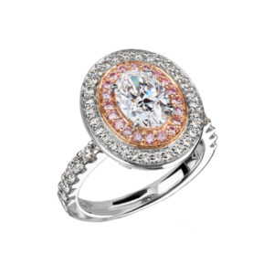 white and pink diamond tiered double halo ring