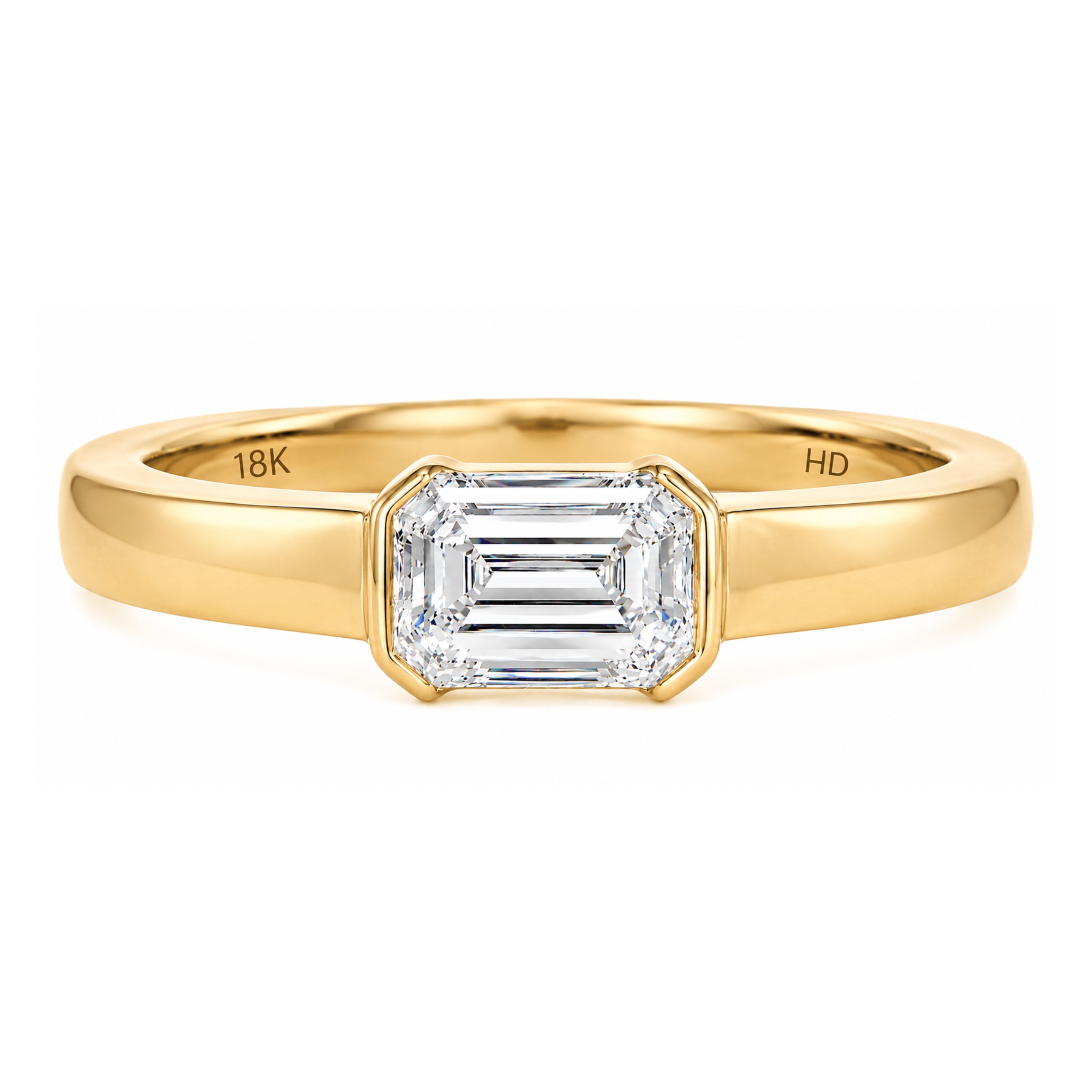East West Half Bezel Emerald Cut Ring