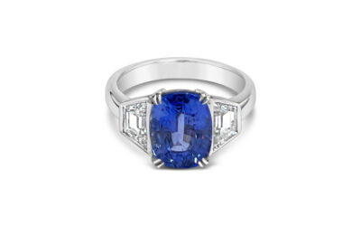 Cushion Cut Sapphire & Trapezoid Diamond Ring