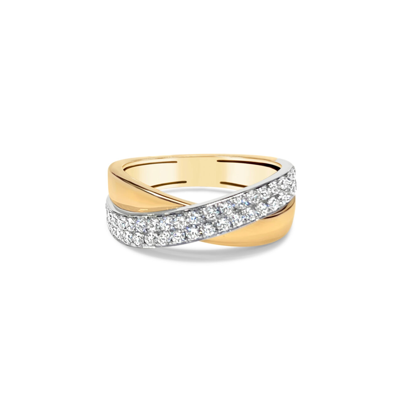 Yellow Gold Cross Over Diamond Ring