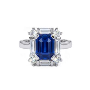Blue on Blue Sapphire & Baguette Diamond Ring