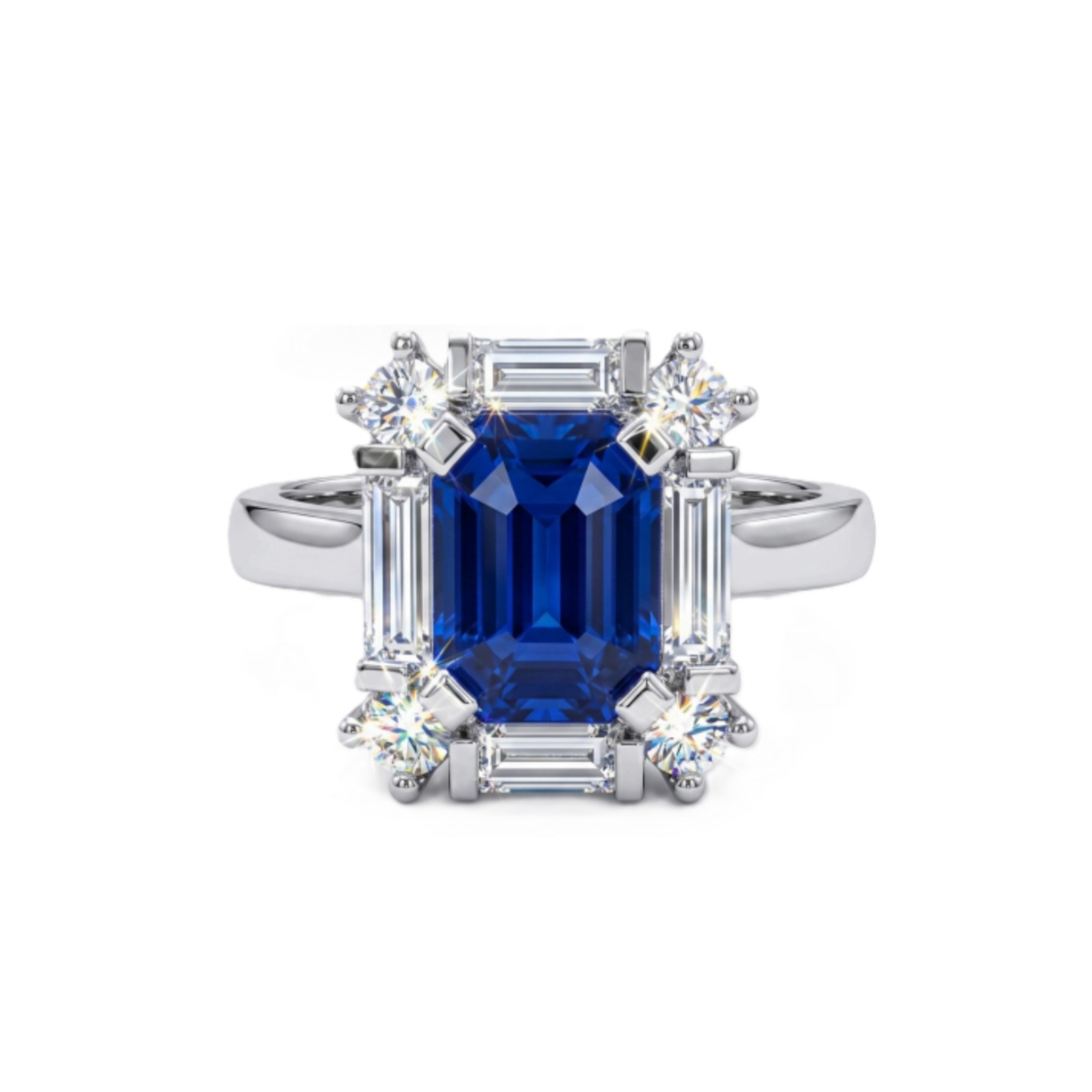 Blue on Blue Sapphire & Baguette Diamond Ring